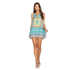 HEMANT AND NANDITA Ruffle Shift Dress in Blue Vintage Tile